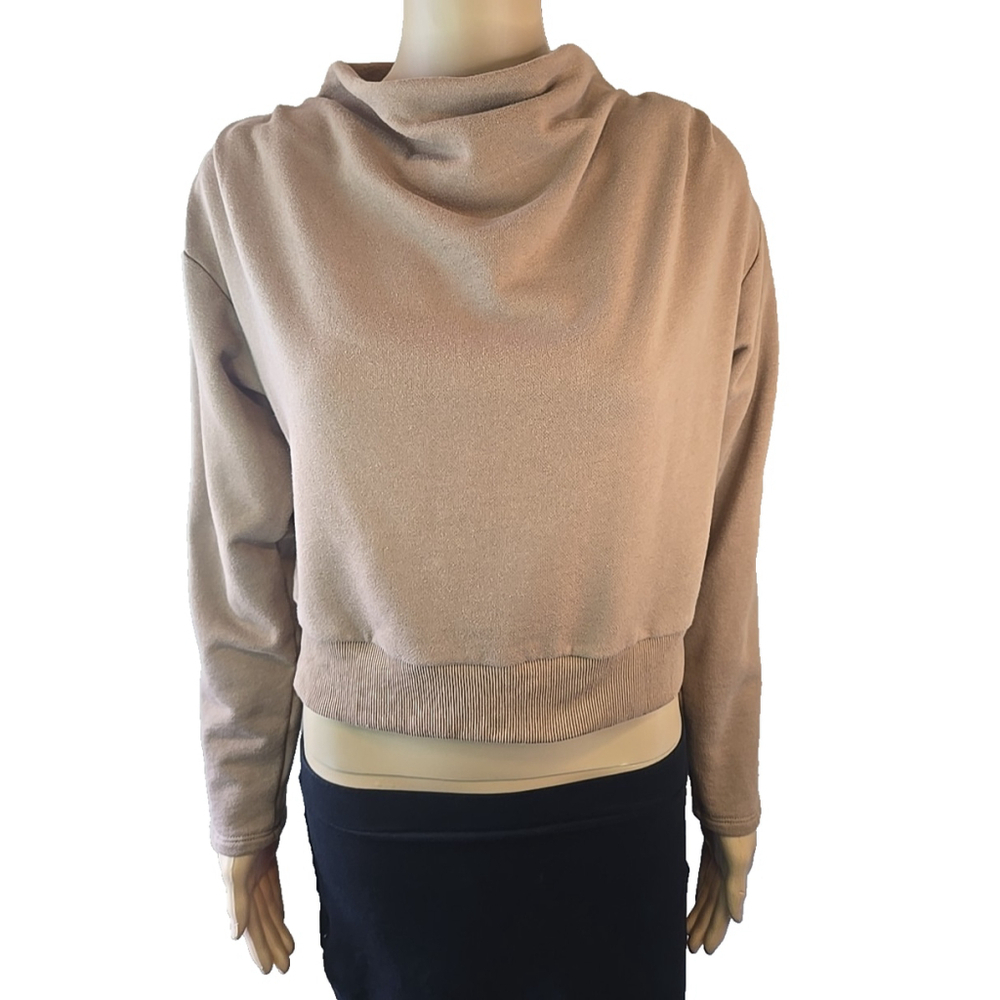 ASTR Women's Taupe Cowl Neck Cropped Cotton Blend Sweatshirt Size Small